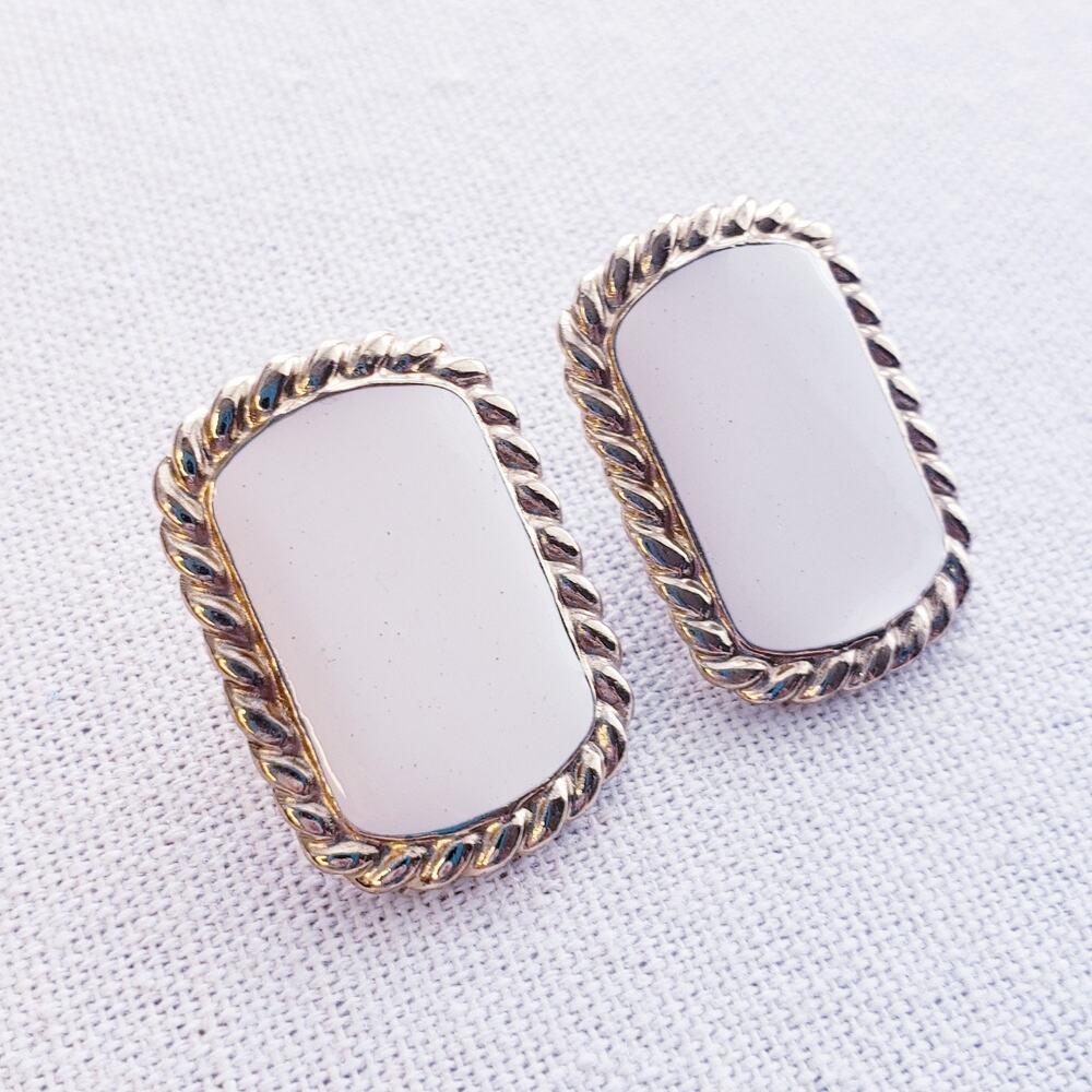 Vintage Butler Post Earrings Gold Tone White Enamel Rectangular‎ Twisted Rope 1"